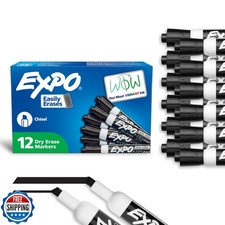 EXPO Dry Erase Markers, Low Odor Ink, Black, Chisel Tip, 12 Count