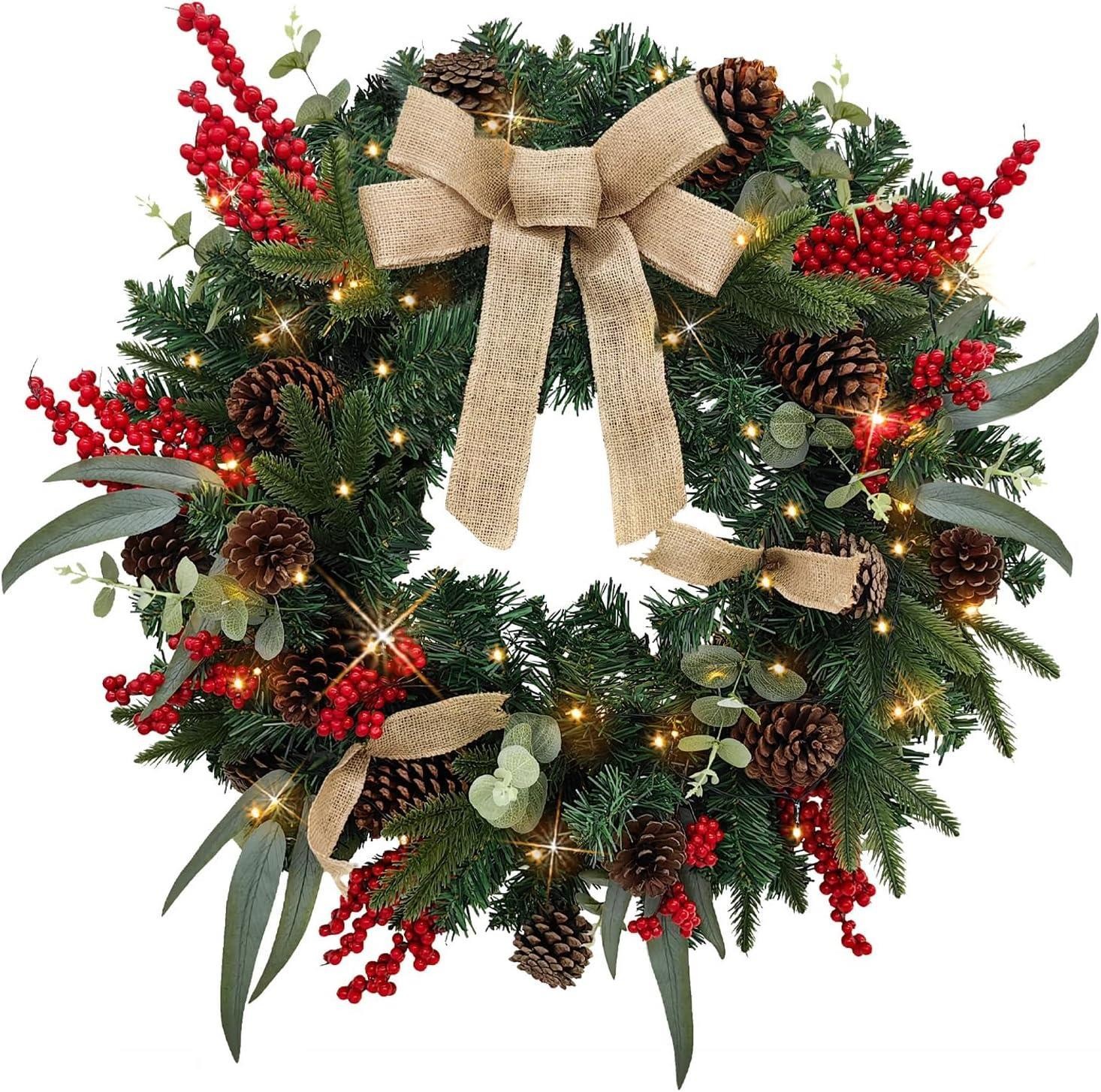 60cm Light Up Artificial Holiday Door Wreath Rustic Pinecone & Berry Ornament