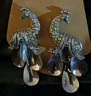Peacock Stud Earrings Green Rhinestone Eyes Dangle Feathers