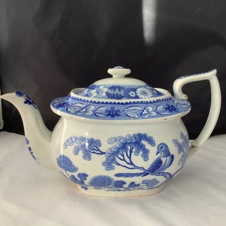 Georgian London Form Transferware Teekanne Taube in einem Baum blau & weiß Teekanne