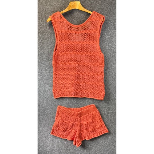 Free People Crochet 2 Piece Set Size M Coral Boho Knit Shorts Tank Cruise Resort