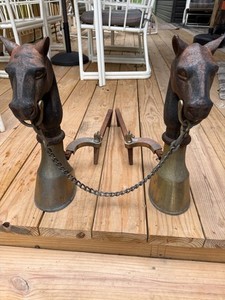 Cast Iron Brass Horse Head And Hoof Andirons