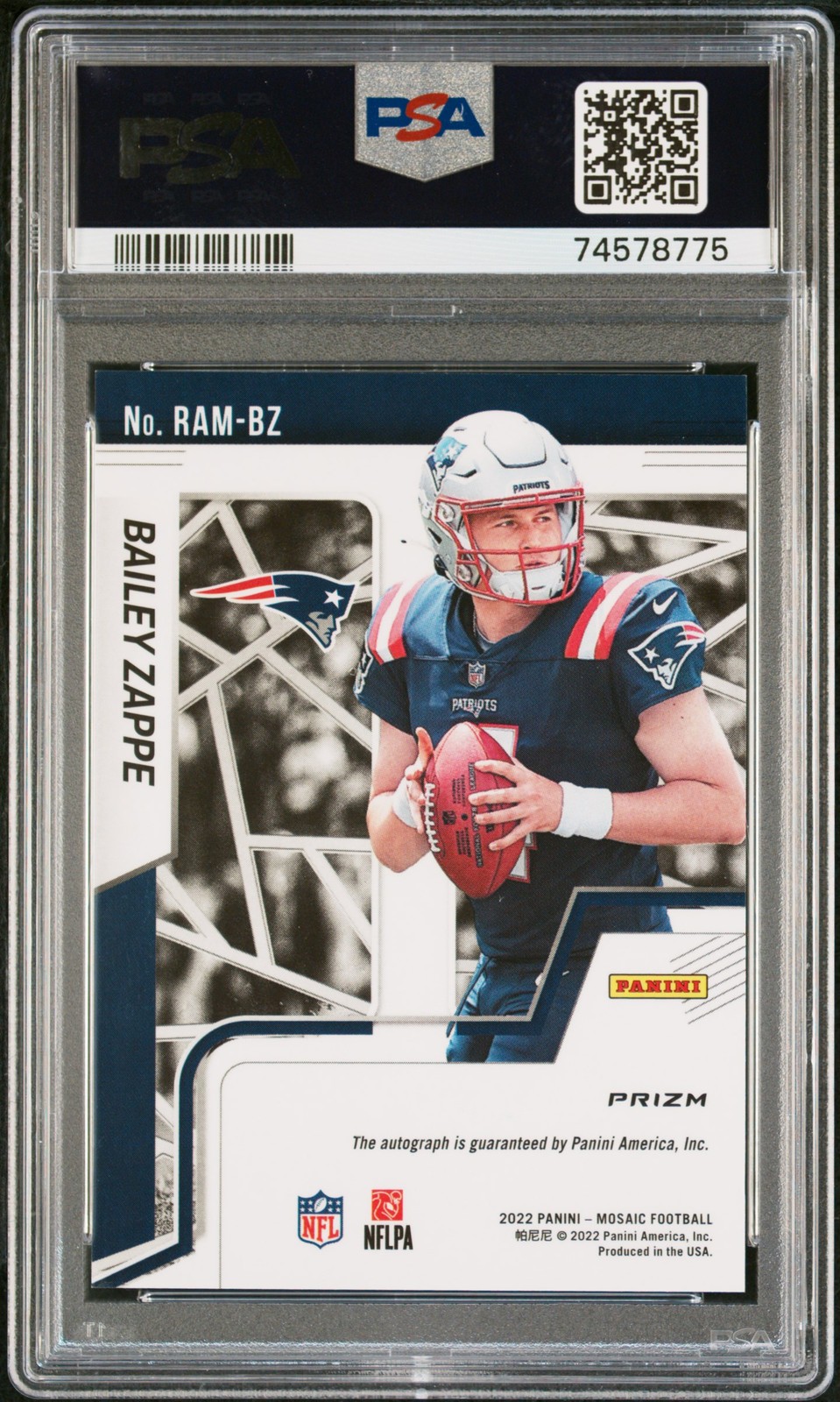 2022 Panini Mosaic Rookie Autograph Bailey Zappe Rookie Autograph PSA 10 view 2