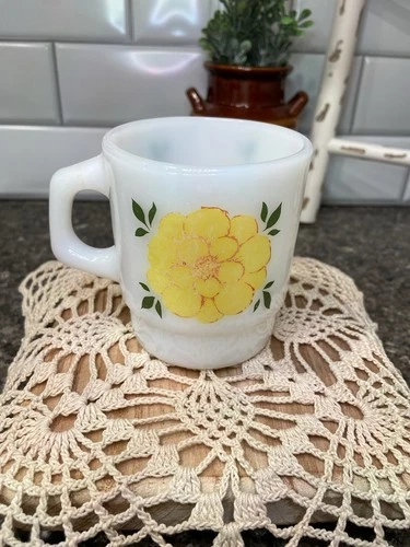 Vintage Anchor Hocking Fire King Milk Glass Coffee Cup Mug Yellow Flower Design