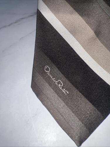 Vintage Oscar De La Renta Striped Silk Tie Embroidered Logo 58” x 3” ✅ Brown/Tan - Picture 2 of 5