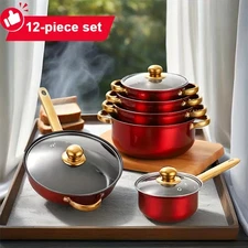 12 Piece Cookware Set Nonstick Pots and Pans Home Kitchen Cooking Non Stick Red
