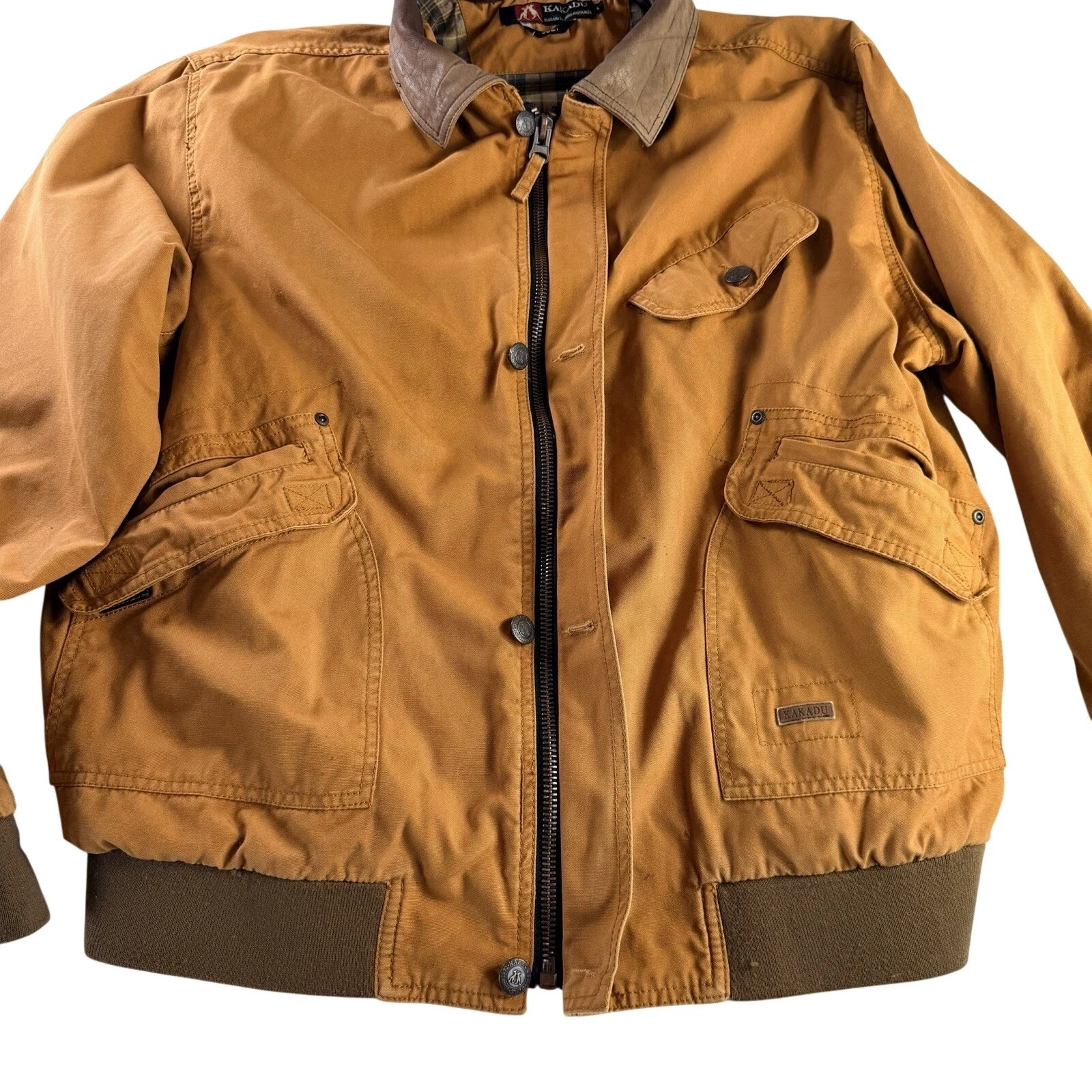 Kakadu Traders AU Tan Canvas Leather Bomber Barn Work Jacket Heavy Duty Men's L - product detail image 9
