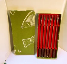 SET OF 6 MEAT FONDUE FORK SET JAPAN WOODEN HANDLES STAINLESS STEEL FORKS