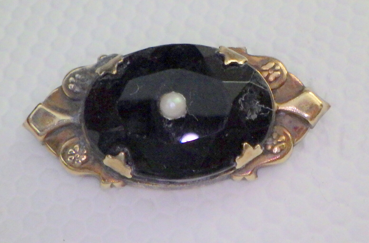 Victorian Brooch with Black Onyx, Seed Pearl, and Gold Overlay Brass-image