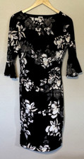 Anne Klein Black Floral Dress Pullover SZ 4 Ruched Waist Round Neck Career Knit