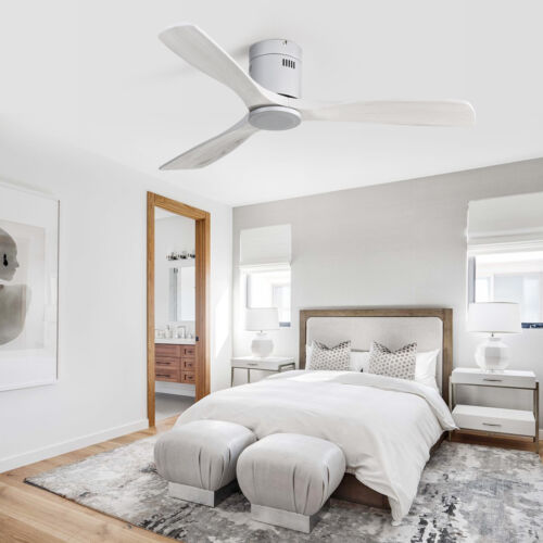 52'' Flush Mount Carved Wood Ceiling Fan No Light W/ Remote Bedroom Ceiling Fan - Picture 32 of 40