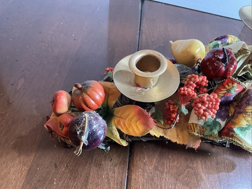 Fall Decorated 3 Candle Centerpiece 15” Pumpkins Apples Leafs 5.5” Tall - Picture 12 of 20
