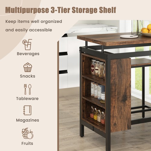 3PCS Dining Table Set Bistro Table & 2 Bar Stools w/ 3-Tier Storage Shelf - Picture 8 of 9