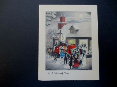 #K39- 1 VTG Unused Xmas Greeting Card Victorian Stagecoach Travelers at The Inn