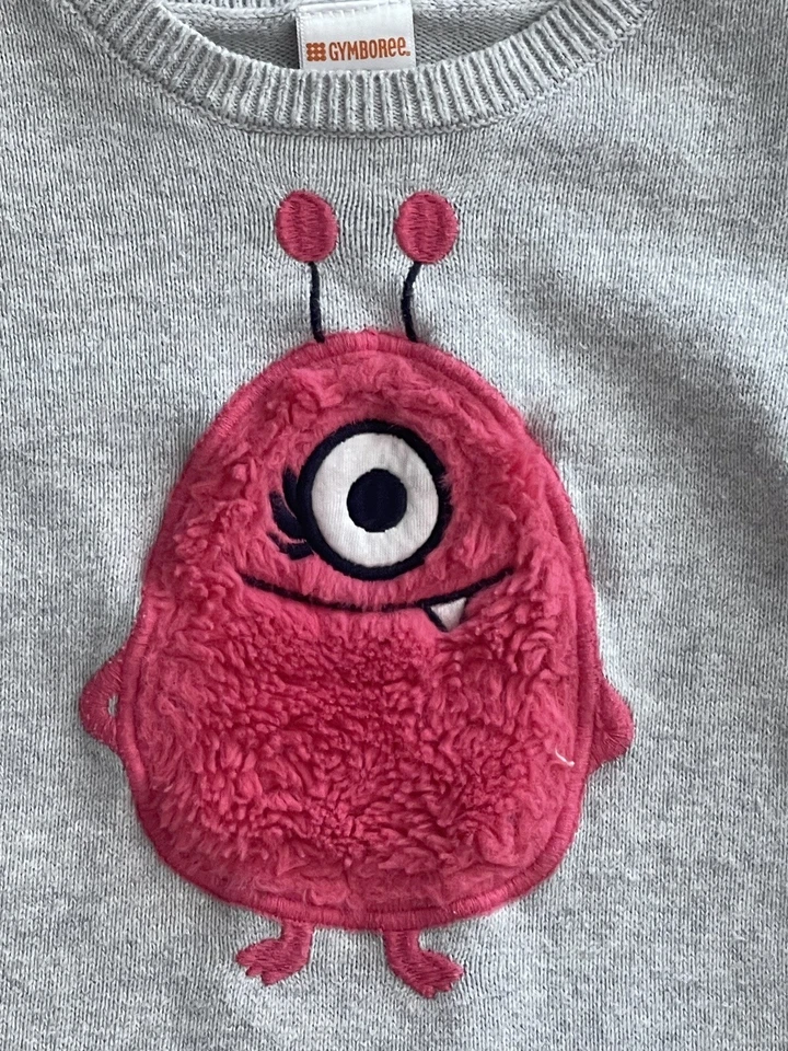 Vestido suéter Gymboree Cosmic Club rosa monstro cinza manga curta tamanho 18-24m - Imagem 2 de 3