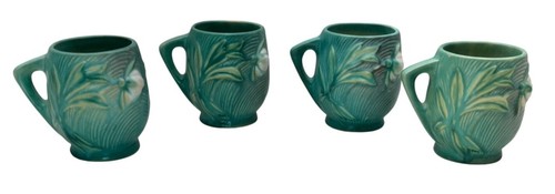 4 HTF 1942 Roseville Pottery Green Peony Mugs 2-3" - Picture 3 of 12