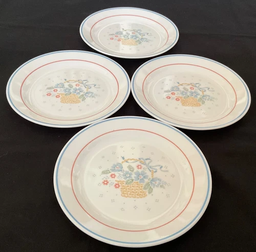 VTG CORELLE 4~7 3/8” SALAD PLATES  "COUNTRY CORNFLOWER" BLUE,ORANGE BANDS,FLORAL