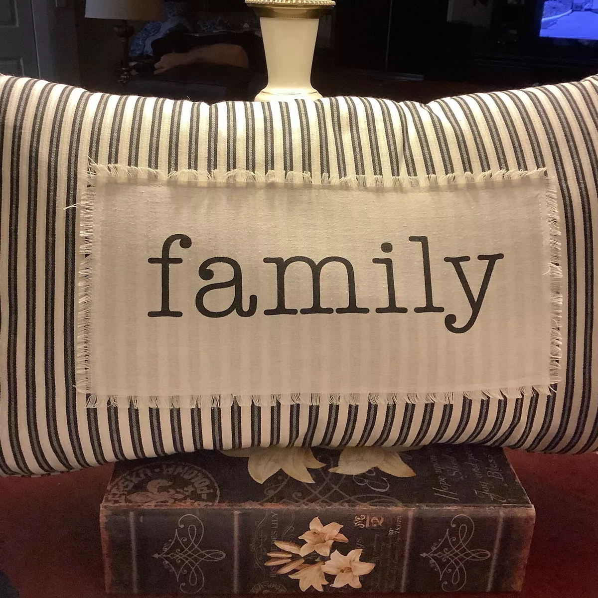 Large Rectangle Pillow FAMILY Farmhouse Cottage Black Cream Stripe 25 x 15