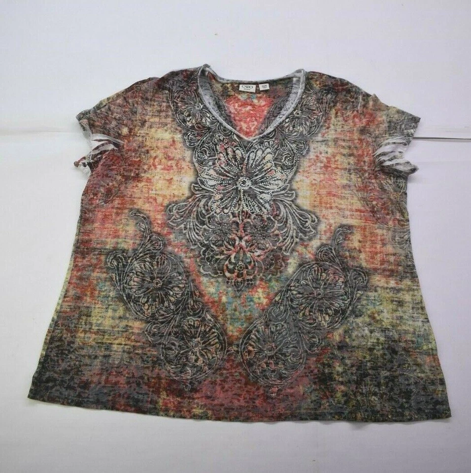 3 CATO Mujeres Multicolor Cuello Redondo Rayas Manga Corta Estampado Top Azul 26/28W Foto 3 de 4