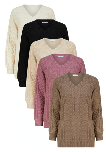 Yessica Ladies V Neck Cable Jumper Warm 