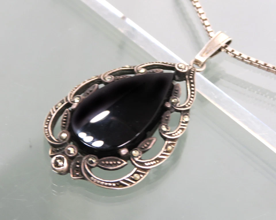 Art Deco Stile Onice Ciondolo Argento Marcasiti°925 Sterling Silver Con Catena - Immagine 2 di 4