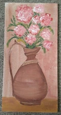 Vintage Acrylic ? Painting on Canvas Flowers Carnation ? 8 x 16" Signed