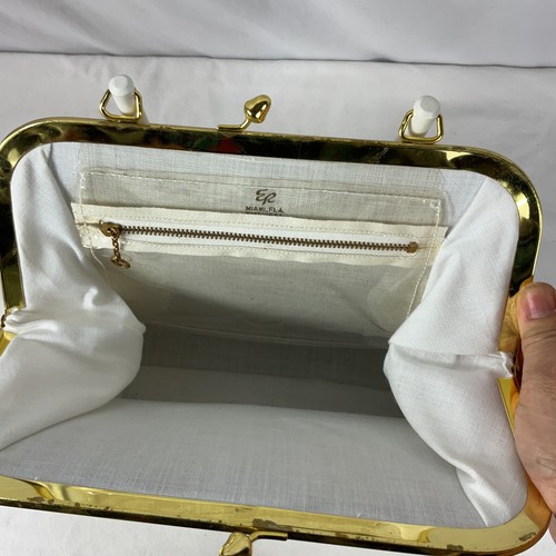 Vintage 1950s ER Purse Handbag Beige Cloth Clear Vinyl Lucite Floral 3D Miami - Picture 7 of 9