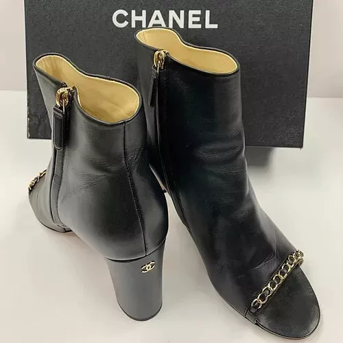 Chanel Lambskin CC Leather Chain Open Toe Ankle Boots. Sz 37, US 6