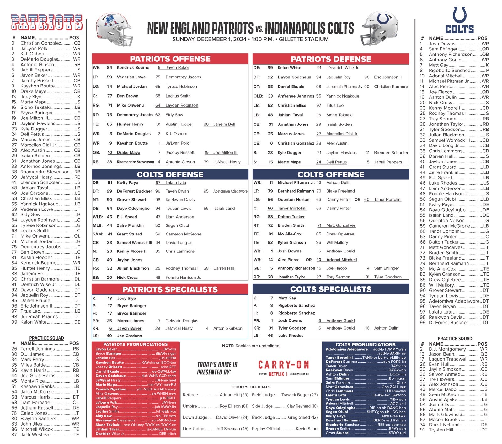 New England Patriots vs Indianapolis Colts Game Flipcard NFL program Dec 1, 2024