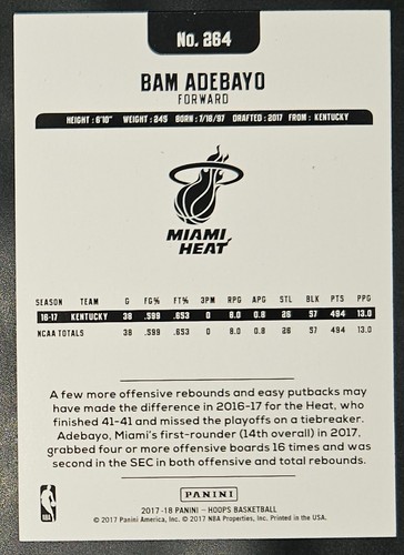 Bam Adebayo 2017-18 Panini Hoops SILVER PARALLEL Rookie Card (#'d 039/199) - Picture 2 of 2