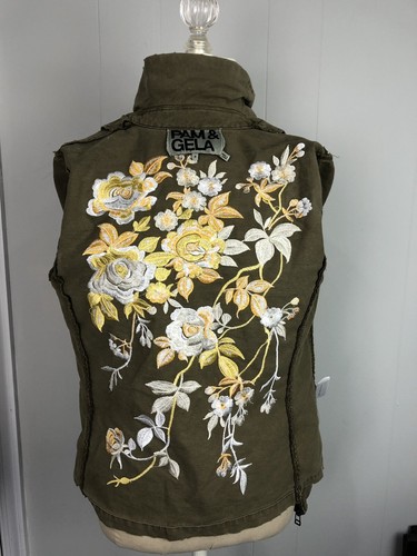New Pam & Gela Women P Small Green Embroidered Pockets Army Utility Jacket - Picture 4 of 7