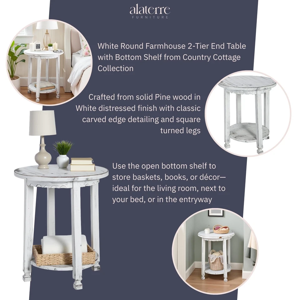 Mesa auxiliar redonda de cabaña rústica con 1 estante, blanca antigua, 20" x 20" x 24", fa... Foto 3 de 4