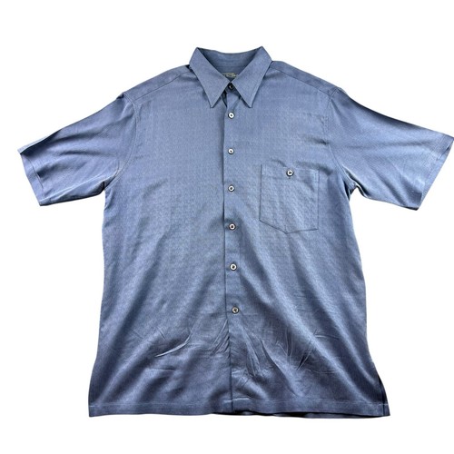 Tori Richard Shirt Men's L Blue Aloha 100% Silk Hawaiian Button Striped Honolulu