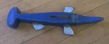 Vintage Handmade Sturgeon Spearing Fishing Decoy Wooden Metal Blue Hammerhead