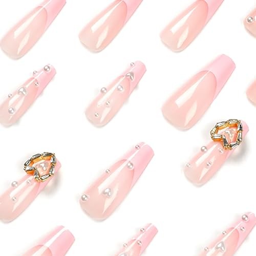 Press on Nails Long Coffin Pink Glossy Full Pink French-Pearl and Heart Gems - Bild 2 von 6