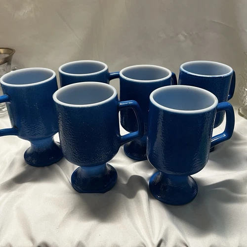 6 Vintage Milk Glass With Blue Exterior Irish Mug Cup Anchor Hocking Coffee