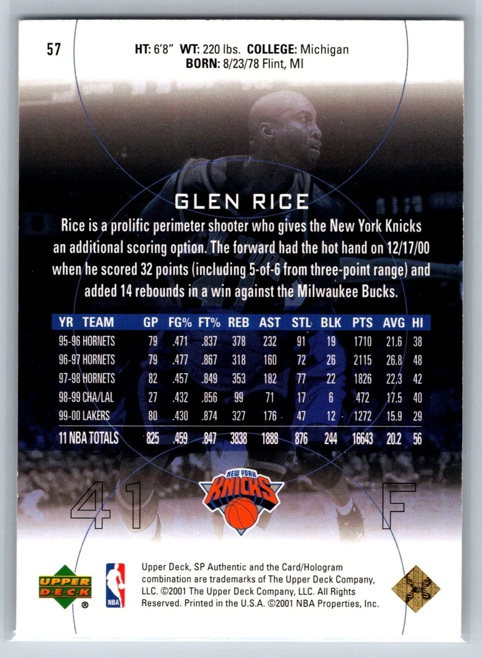 2000-01 Upper Deck SP Authentic Glen Rice New York Knicks #57 - Image 2 of 2