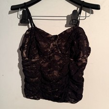 Y2K Black Lace Overlay Cami Medium Bustier Cropped nude lining whimsigoth ruched