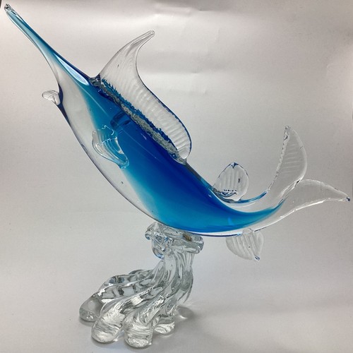 Murano Style Art Glass Blue & Clear Marlin Sculpture 32cm x 29cm (3A) MO#8766