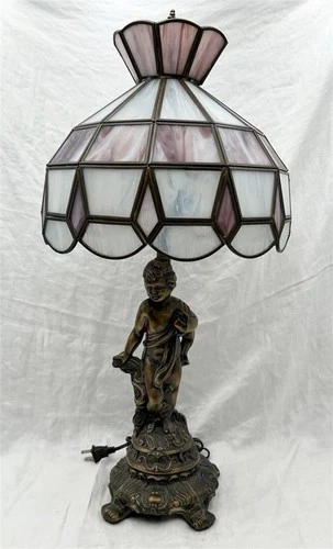 Vtg metal Brass French Cherub Lamp purple/white stained glass Tiffany Style