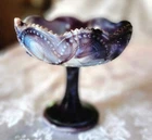 Vintage Fenton Coin Dot Opalescent Compote Purple Slag Glass Pedestal Bowl Ruffl