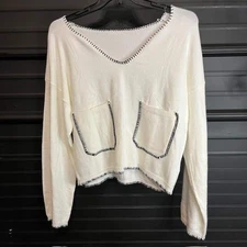Womens V Neck Sweater Cream Knit Long Sleeve Two Pocket Pullover Top