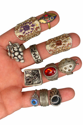 Vintage 10 Rings Lot Silver Tone Statement Red Stone Evil Eye Boho Retro