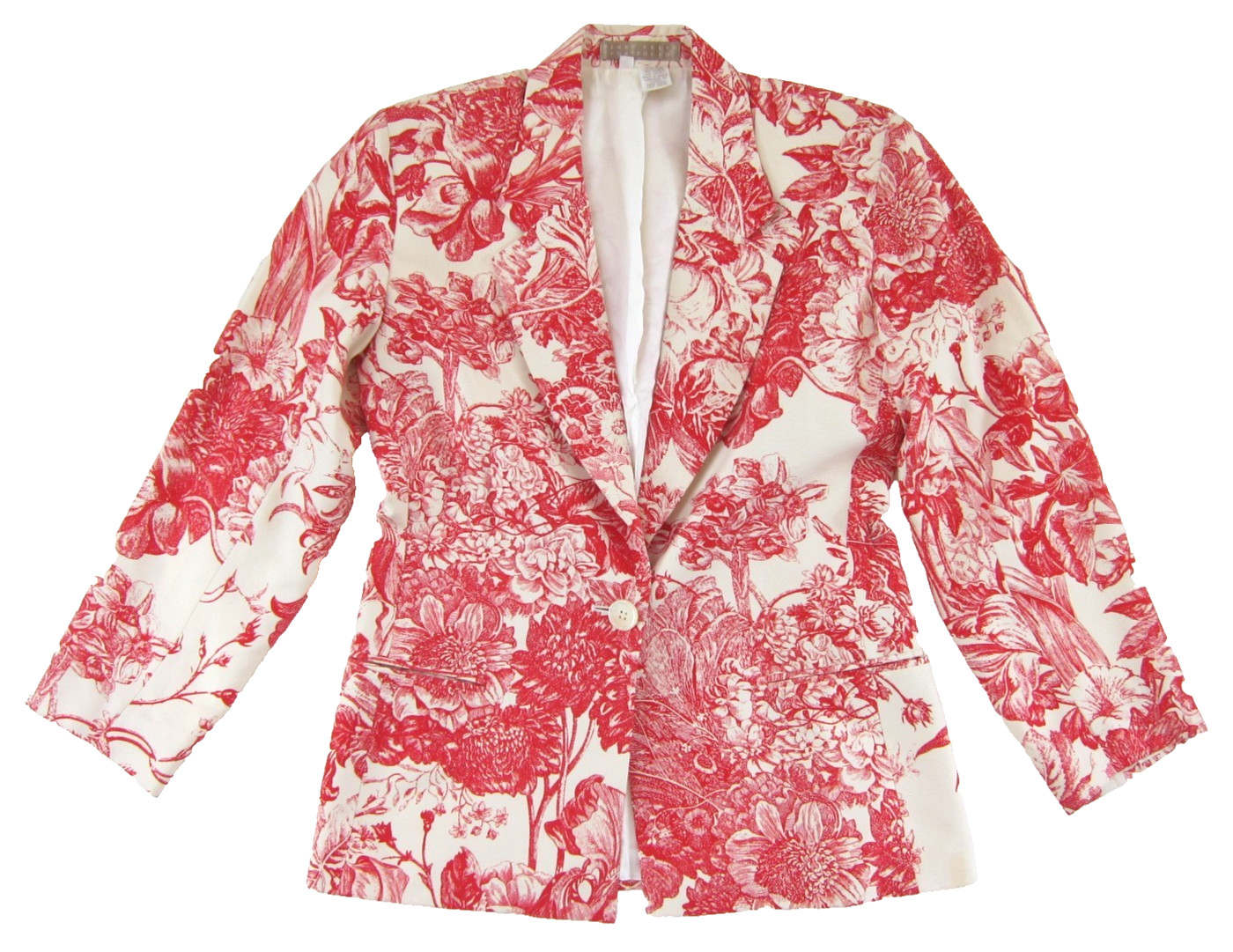 Perry Ellis, Vintage Perry Ellis Portfolio 100% Silk Red Ivory Floral Pocket Blazer Women 8
