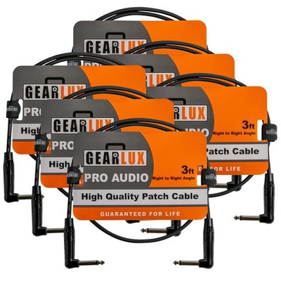 Gearlux 3-Inch Guitar Patch Cable, 1/4 Inch, Angled, Black - 6 Pack