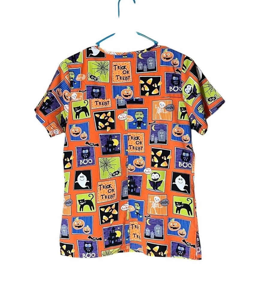 Blusa Médica Scrubstar HALLOWEEN Para Mujer XS Naranja Fantasmas Gatos Búhos Caramelo Foto 2 de 4