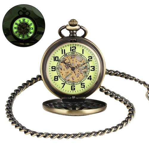 Mens Luxury Vintage Mechanical Black Steampunk Skeleton Pocket Watch with Chain - Picture 5 of 13