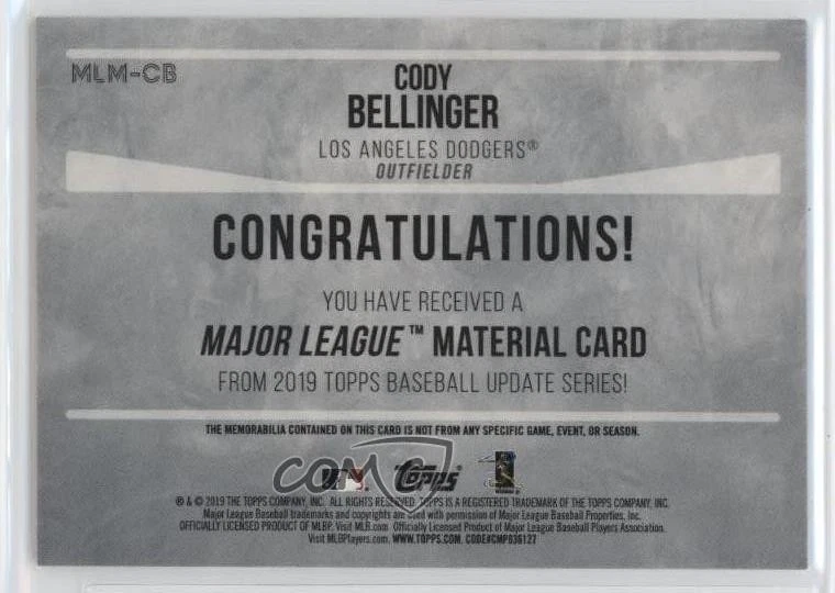 2019 Topps Update Major League Material Gold /50 Cody Bellinger #MLM-CB - Image 2 of 2