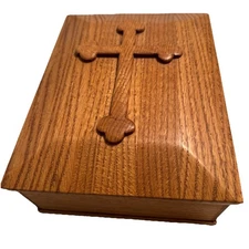 Handmade Solid Oak Box Religious Treasures Bibles And More Cross On Top