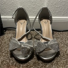 Silver Rhinestone Bow Block Heel Strappy Sandals Buckle Ankle Strap Women